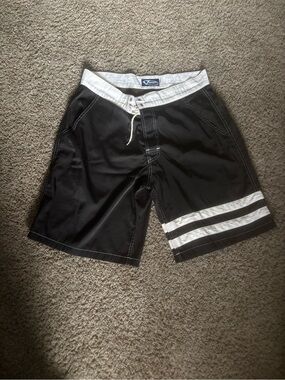 Men's Black Swim Trunks with White Waistband and Stripe Detail